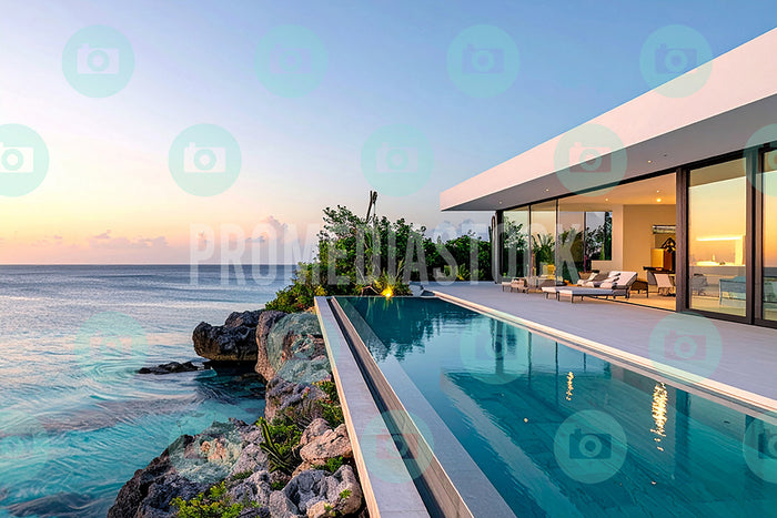 Download this luxury stock photo of a modern oceanfront villa with infinity pool, golden sunset, and sea views. Ideal for real estate, travel, or design.