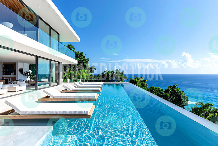 Download this luxury stock photo of a modern oceanfront villa with infinity pool, floating loungers, and sea views. Ideal for real estate, travel, or design.