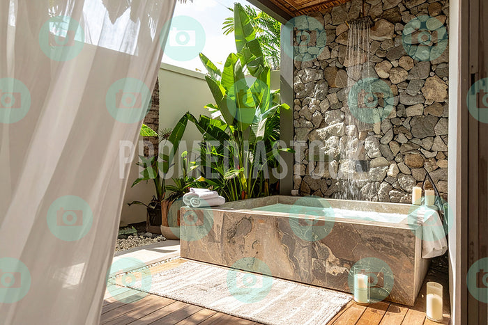 Outdoor bathtub with stone wall and plants on a sunny day